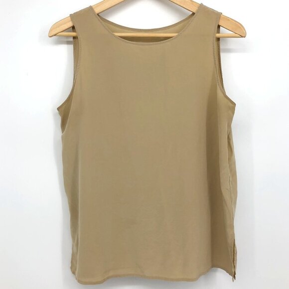 Silk 100% Tan / Khaki  scoop neck layering tank top side slits - Picture 15 of 15